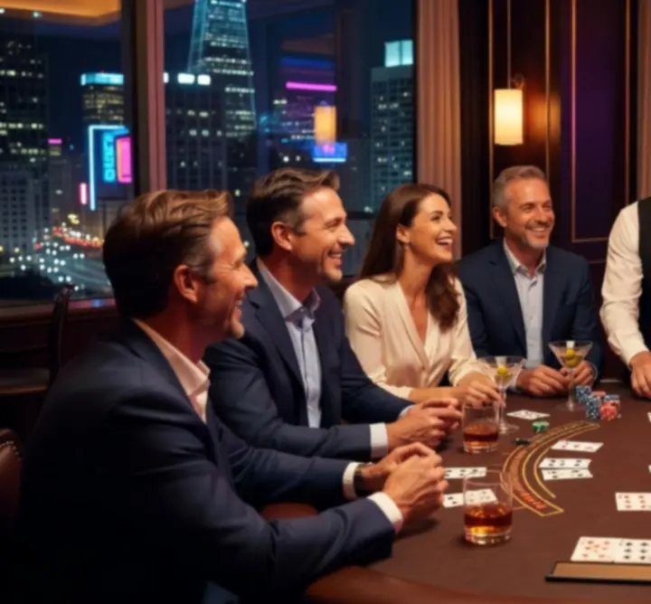 Vendégek blackjack közben nevetnek és beszélgetnek