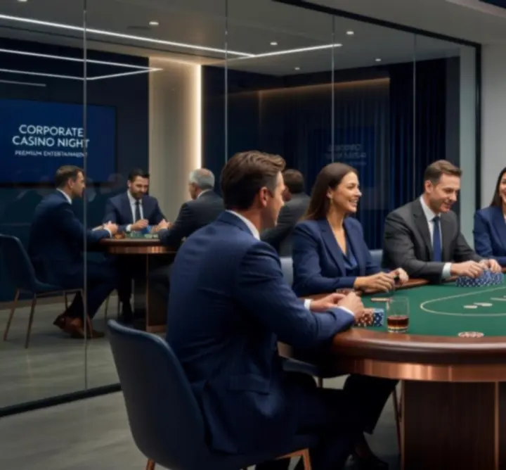 Céges rendezvény elegáns pokerasztallal és koncentráló vendégekkel.